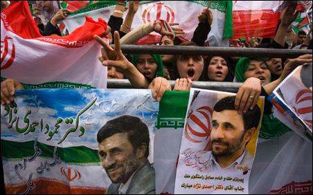 Supporters of Iranian President Mahmoud Ahmadinejad during a victory celebration in central Tehran over the weekend.