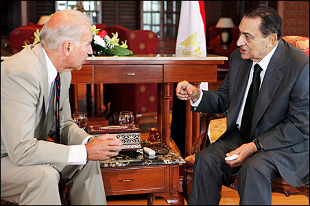 Vice President Joe Biden, left, speaks with Egypt's President Hosni Mubarak during a meeting at the Egyptian sea resort of Sharm El Sheikh on Monday.