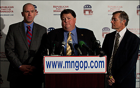 Unhappy GOP representatives met with the press this morning: from left, Michael Brodkorb, Tony Sutton and Tony Trimble.