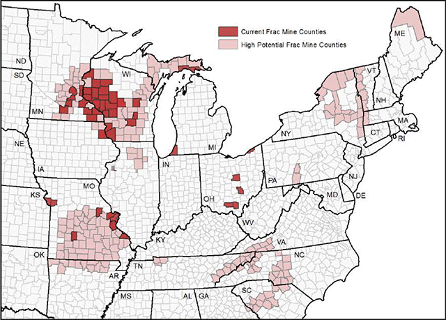 Current and potential frac sand mining counties in the United States