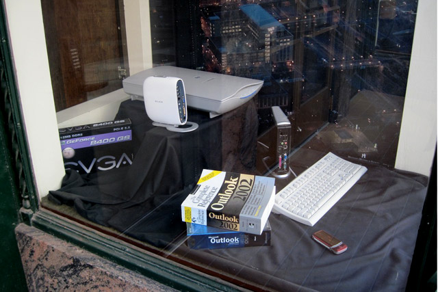 window display of office equipment from the 90s